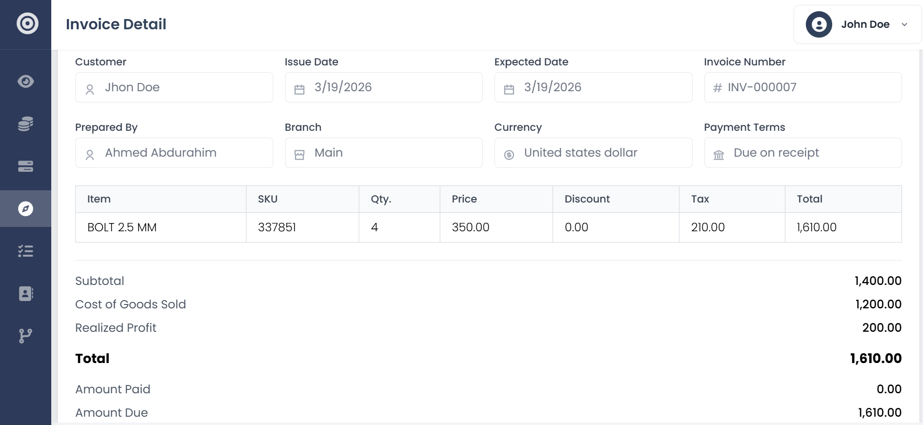 Obsidyun invoicing interface